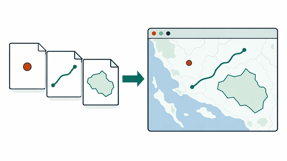 Archivos con puntos, líneas y polígonos representados en un mapa dentro del navegador.