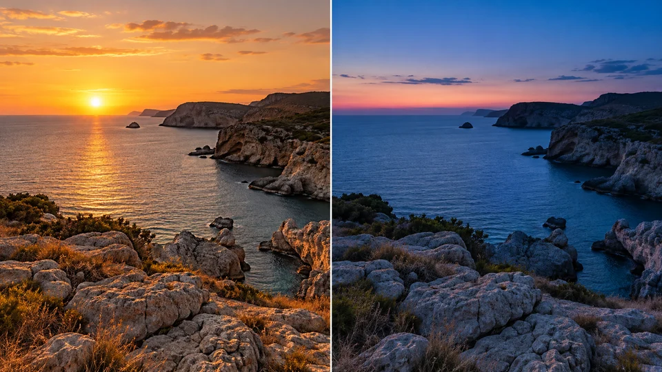 La misma costa con luz cálida antes de ponerse el sol y con luz azul después de la puesta.