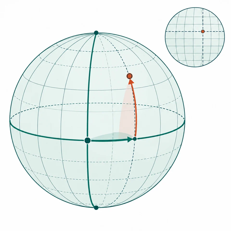 Globo esquemático con el ecuador, un meridiano de referencia y un punto localizado por latitud y longitud.