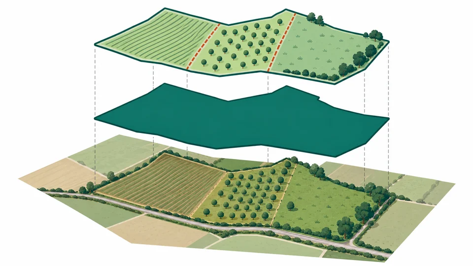 Una parcela rural en capas: terreno, contorno catastral y tres recintos agrícolas dentro de la parcela.