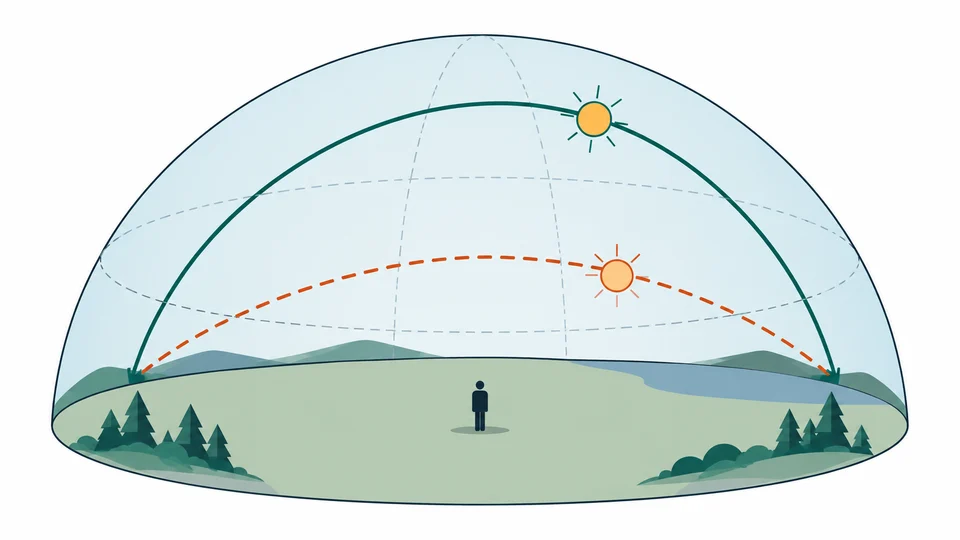 Dos arcos solares sobre el mismo horizonte, uno alto para el verano y otro más bajo para el invierno.